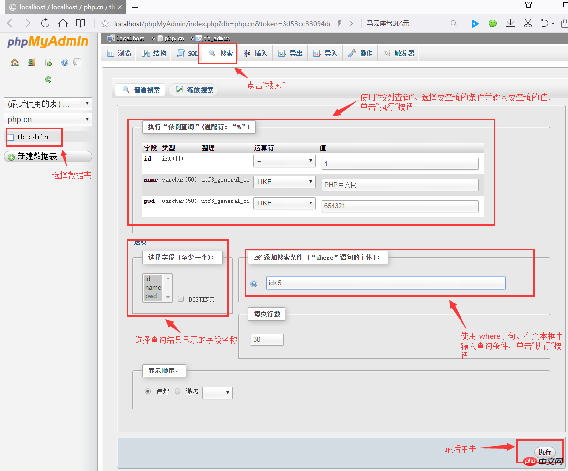 Explication graphique et textuelle détaillée de la gestion des enregistrements de données (tutoriel dutilisation de phpMyAdmin 4)