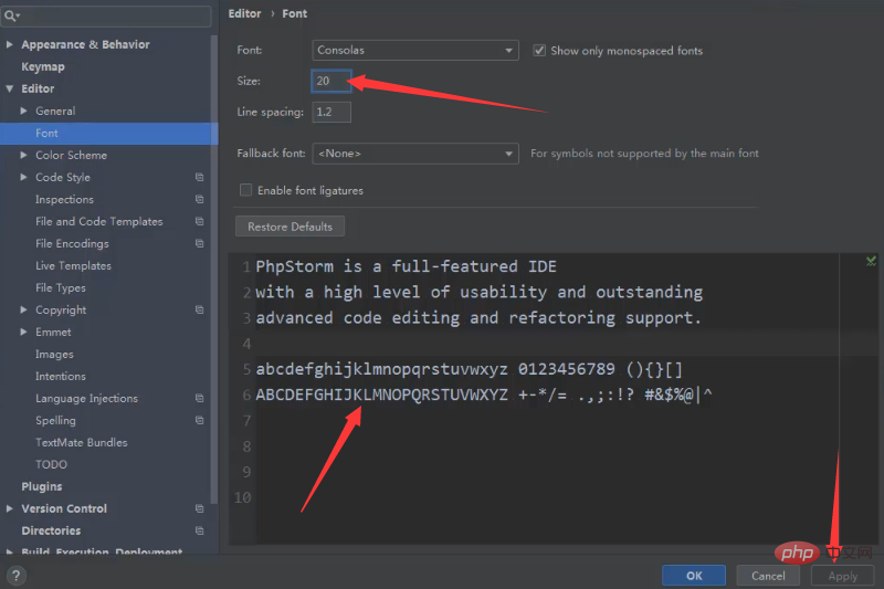 How to set Phpstorm font size and style