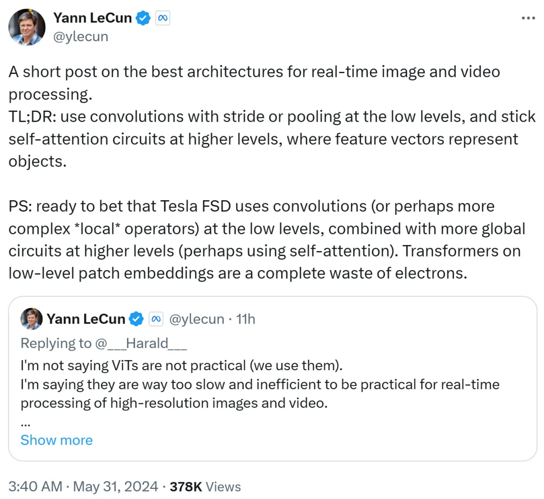 Yann LeCun:ViT慢且效率低,实时图像处理还得看卷积