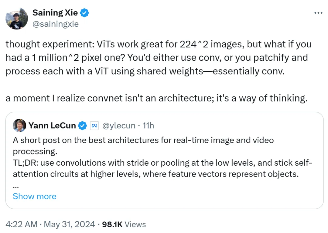 Yann LeCun:ViT慢且效率低,实时图像处理还得看卷积