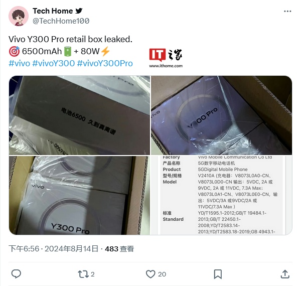 vivo Y300 Pro 5G 手机曝光：厚 7.69 毫米、6500mAh 电池、80W 快充