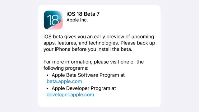 苹果 iOS / iPadOS 18 开发者预览版 Beta 7 发布