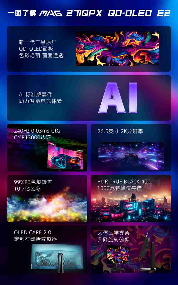 微星 26.5 英寸 MAG 271QPX QD-OLED E2 显示器开售：2K 240Hz，首发价 3999 元