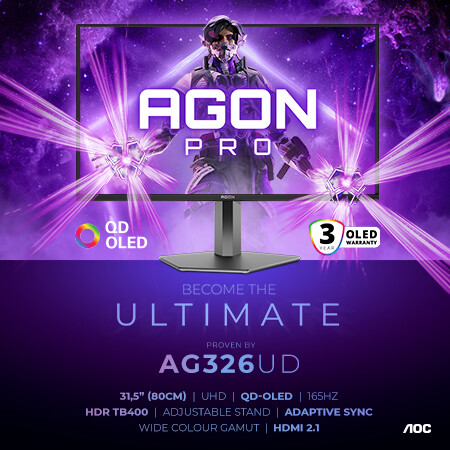 AOC AGON Pro AG326UD released as new gaming monitor with peculiar QD-OLED panel