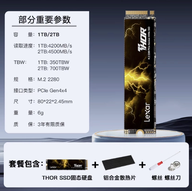 雷克沙 THOR NVMe M.2 固态硬盘上架：读速 4200MB/s，1TB 售 399 元