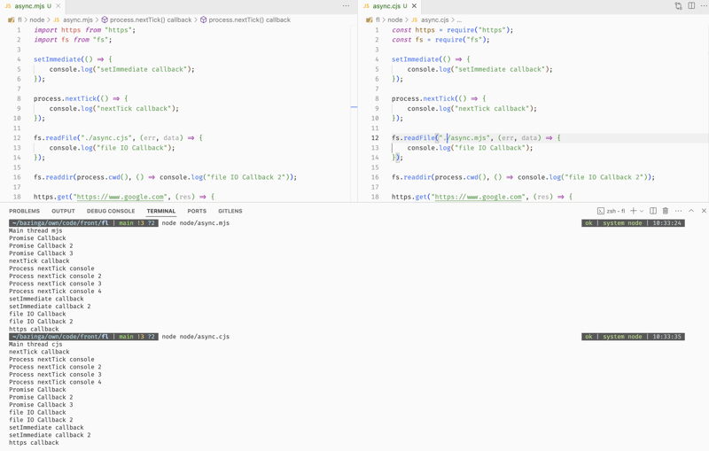 mjs vs cjs with Event Loop