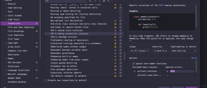 JetBrains Python ignore PEP rrors