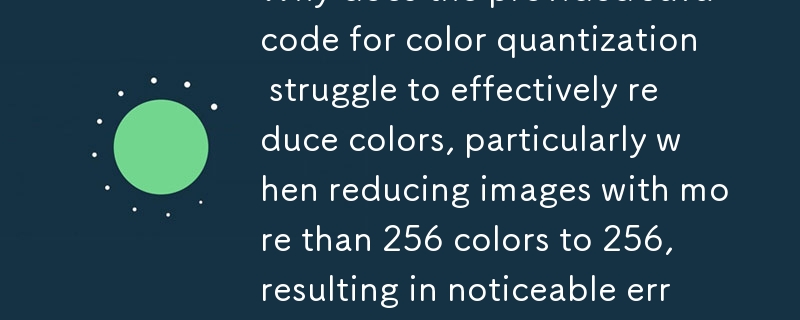 Why does the provided Java code for color quantization struggle to effectively reduce colors, particularly when reducing images with more than 256 colors to 256, resulting in noticeable errors like reds turning blue? 
