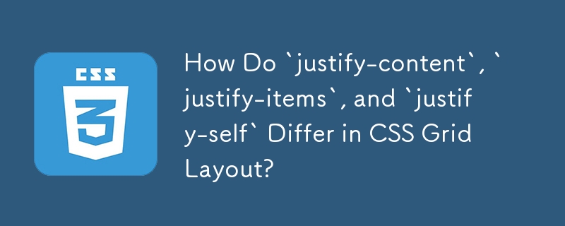 How Do `justify-content`, `justify-items`, and `justify-self` Differ in CSS Grid Layout?