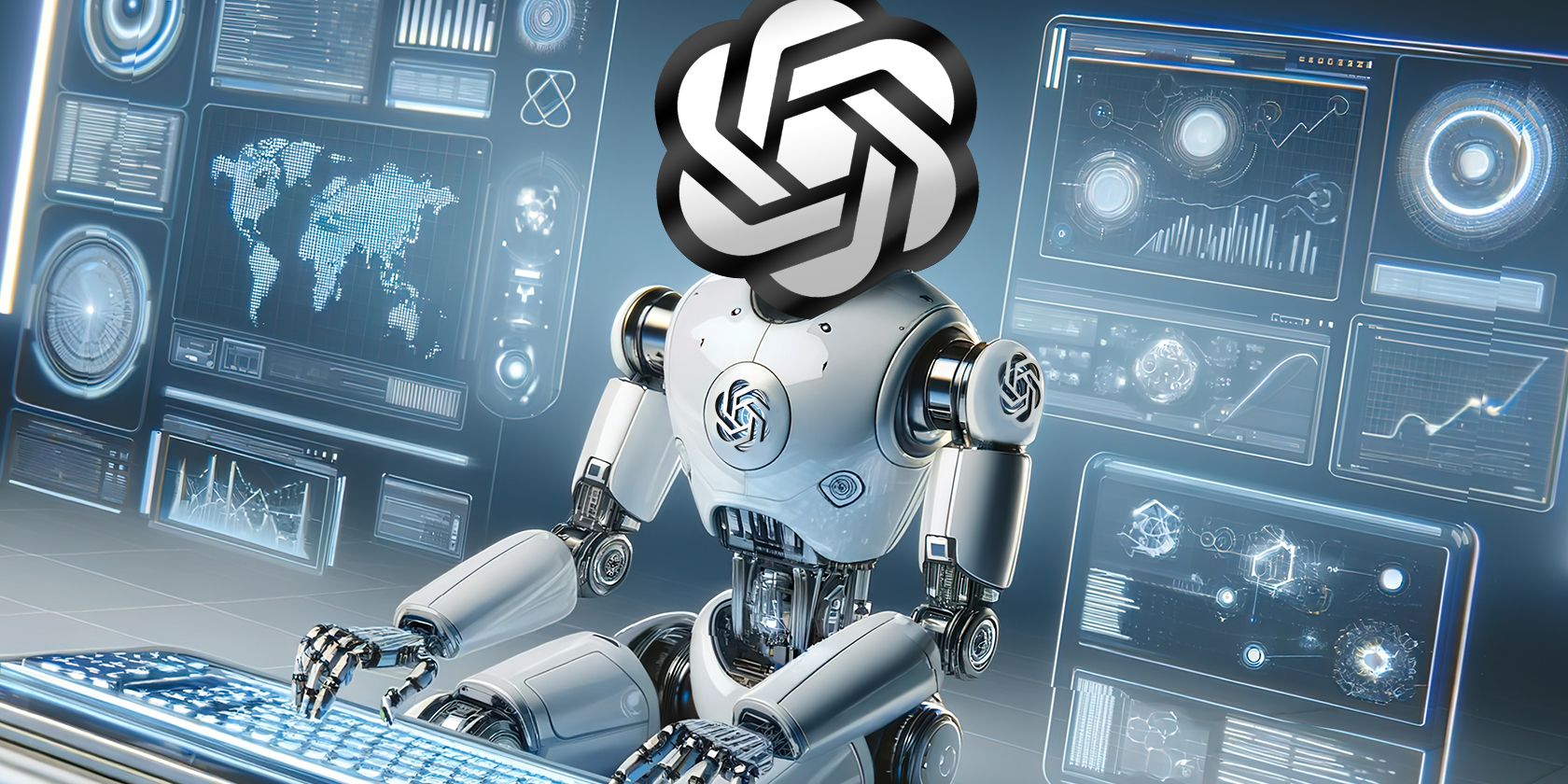 A Chatgpt robot using a computer with diifferent interface in the background