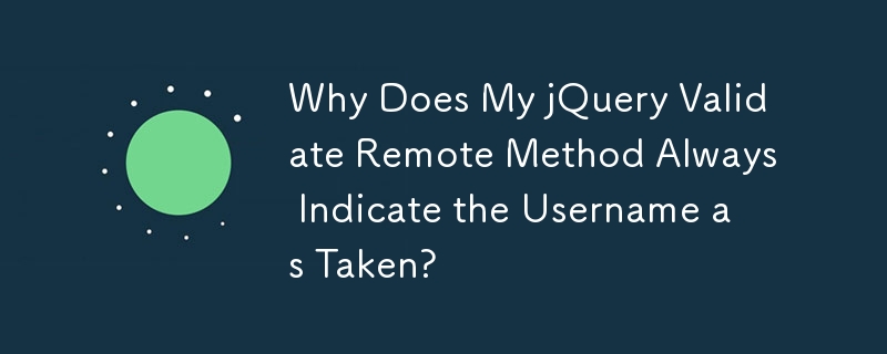 Why Does My jQuery Validate Remote Method Always Indicate the Username as Taken?
