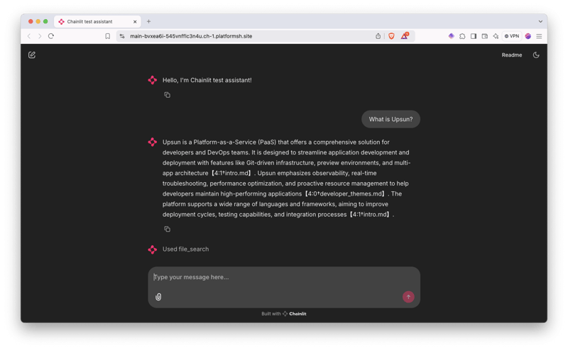 Experiment with Chainlit AI interface with RAG on Upsun