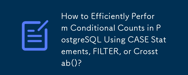 How to Efficiently Perform Conditional Counts in PostgreSQL Using CASE Statements, FILTER, or Crosstab()?
