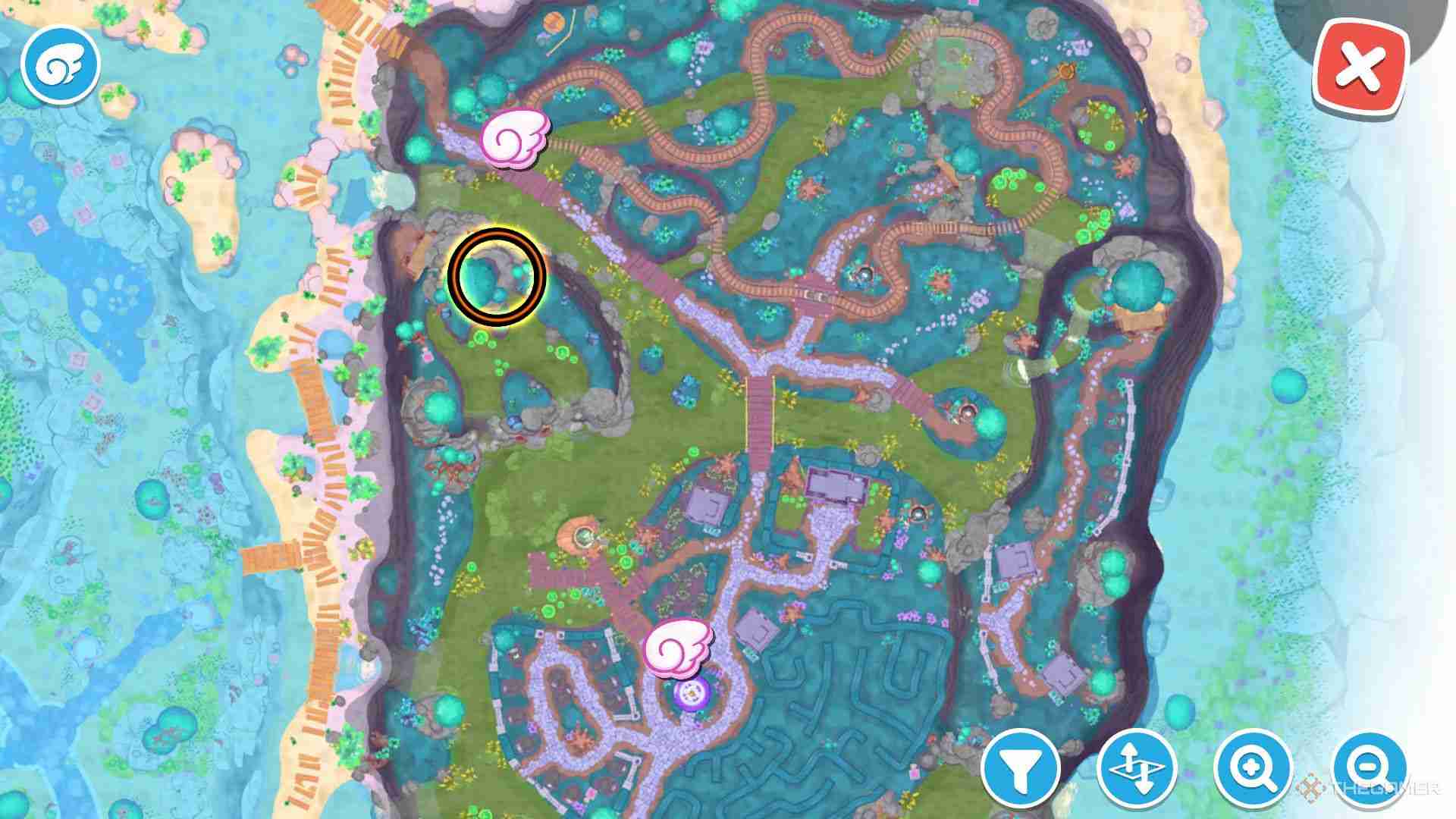 Hello Kitty Island Adventure Guide d'emplacement de la thory Poitrine. Voyage rapide à Ghost Tour Ride (nord-ouest), dirigez-vous vers le sud, montez la colline rocheuse et trouvez la poitrine à droite du grand arbre en haut. </p> <p> <strong> Rainbow Reef Golden Chest Linecations </strong> </p> <p> <img src = 