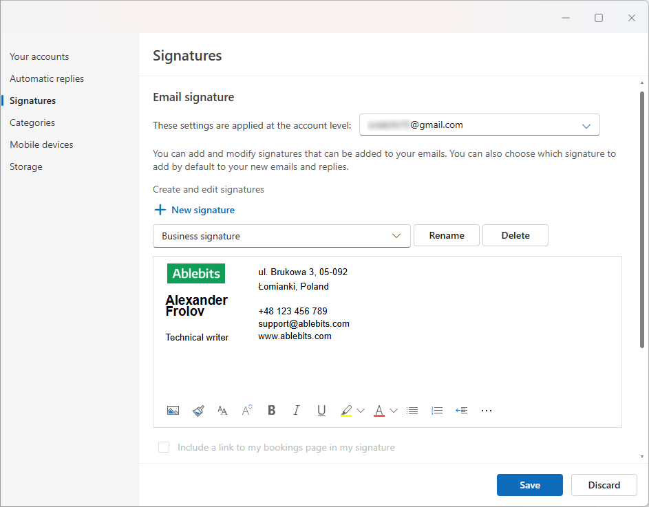 Outlook signature templates: customize visually or using HTML
