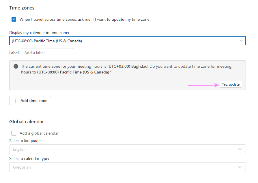 Outlook 시간대를 변경하고 캘린더에 여러 번 추가