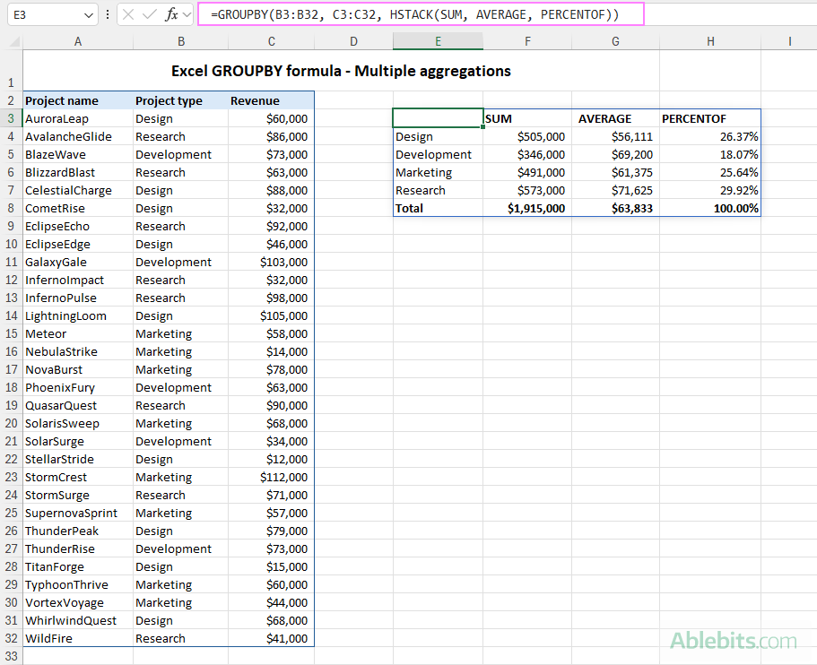Excel GROUPBY function to group rows and aggregate values