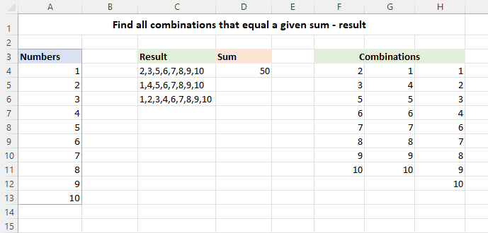 Find all combinations of numbers that equal a given sum in Excel