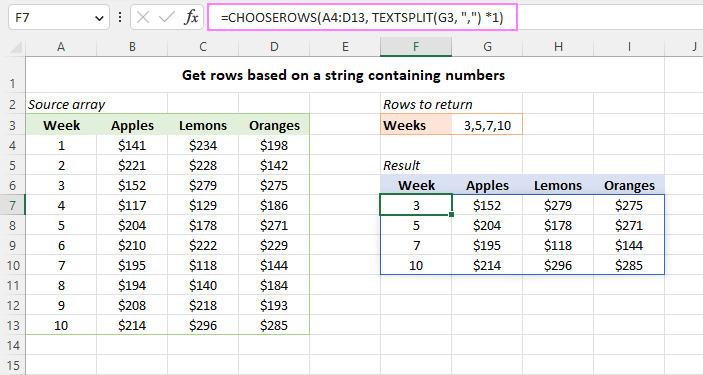 Excel CHOOSEROWS function to extract certain rows from array