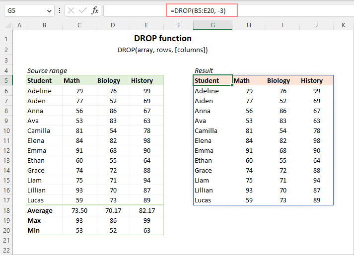 Excel drop function to remove certain rows or columns from array excel