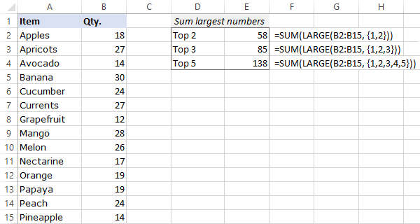 Excel: How to sum largest numbers in a range