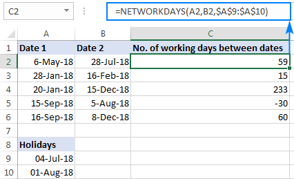 Calculate number of days between two dates in Excel