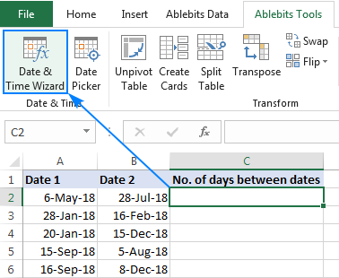 Calculate number of days between two dates in Excel