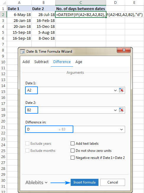 Calculate number of days between two dates in Excel