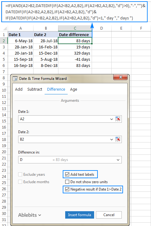 Calculate number of days between two dates in Excel