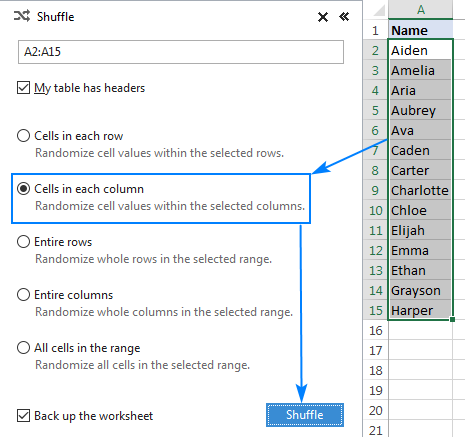 How to randomize a list in Excel: sort randomly cells, rows and columns