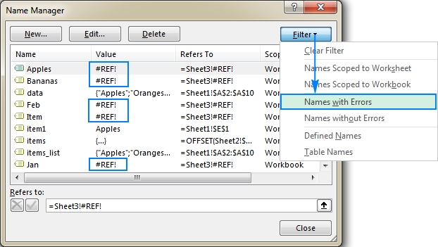Excel names and named ranges: how to define and use in formulas
