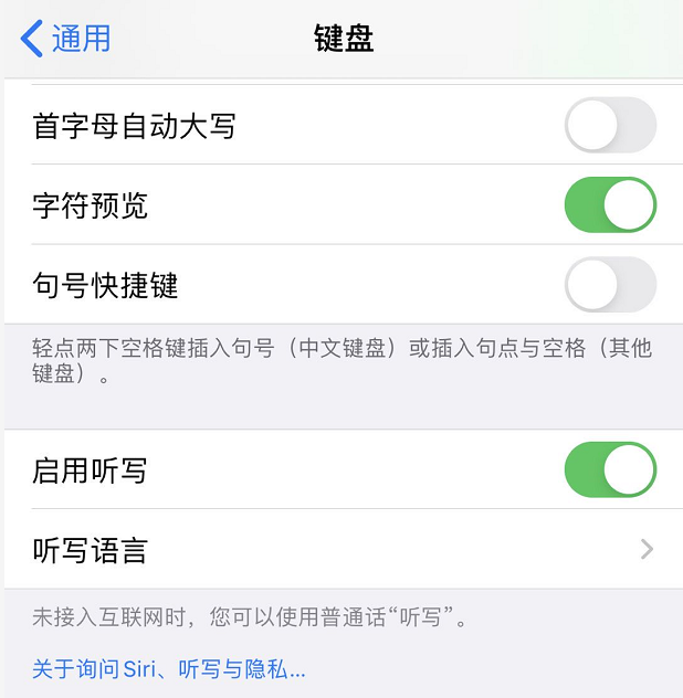 iPhone 键盘设置页面中的启用听写开关已打开