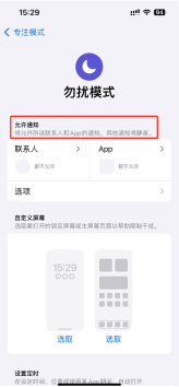 iPhone 勿扰模式页面的允许通知区域显示联系人和 App 都不允许