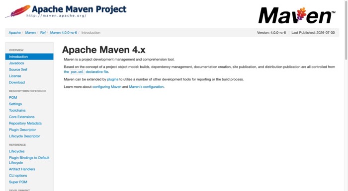 Apache Maven 4.0.0-rc-6 官方参考文档首页,证明候选版本文档范围