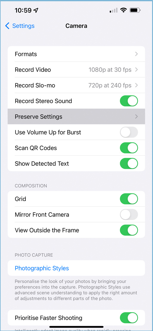 iPhone相机设置页显示Preserve Settings保留设置入口