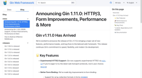 Gin框架官方博客1.11.0公告,显示HTTP/3、表单改进和性能更新标题,证明版本核心变化