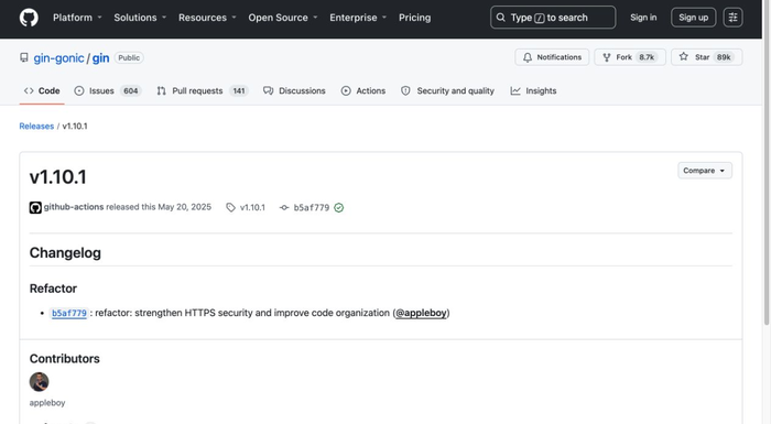 Gin官方GitHub v1.10.1发布页,显示版本号、发布时间和强化HTTPS安全的唯一变更,证明版本范围