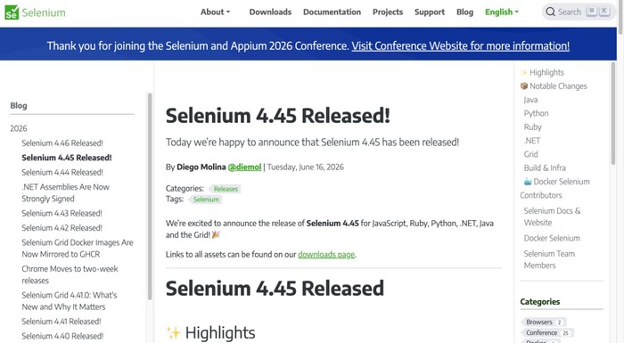 Selenium 官方博客显示 4.45 于 2026 年 6 月 16 日发布并进入版本亮点列表