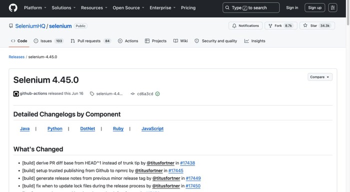 SeleniumHQ 官方 GitHub 发布页显示 Selenium 4.45.0 及按语言组件划分的详细变更记录