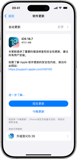 iPhone 软件更新页面显示可安装版本卡片，可用于判断更新文件是否已经缓存在本机