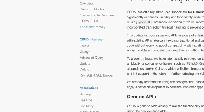 GORM 官方 The Generics Way 文档展示泛型 API 已在 v1.30.0 以上版本正式可用,证明官方正在主推新的调用方式