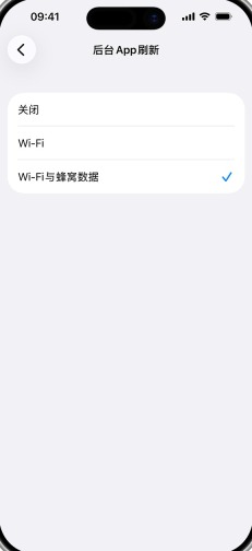 iPhone 后台 App 刷新页面中显示关闭、Wi-Fi、Wi-Fi 与蜂窝数据选项
