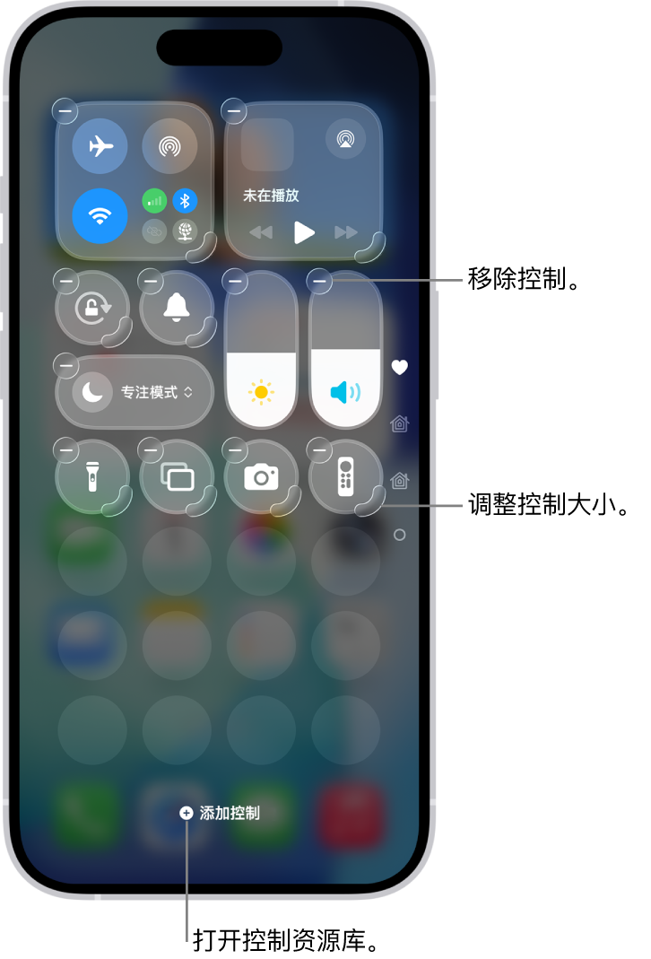 iPhone 控制中心编辑状态界面,适合添加和删除控制