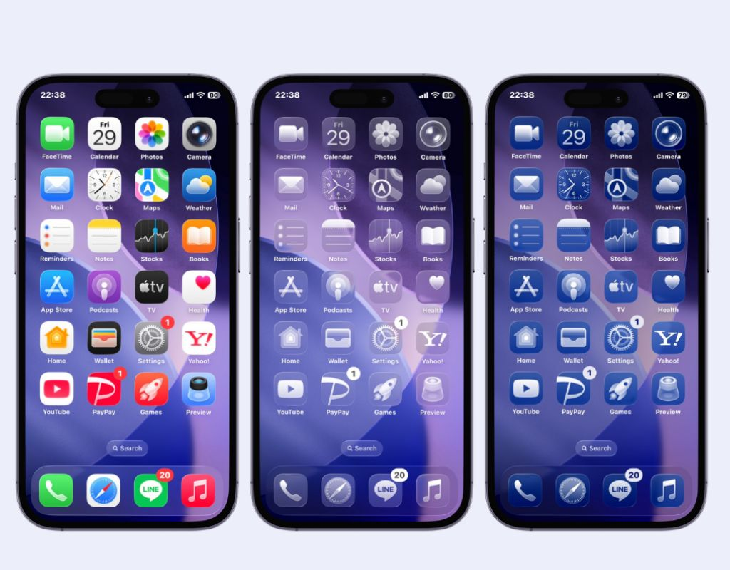 iPhone 主屏幕不同图标样式与色调的对比截图,便于观察颜色和大小变化