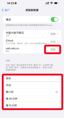 iPhone 的抓取新数据页面中显示推送开关账户抓取方式以及每小时每30分钟每15分钟等同步频率选项,当前步骤是设置邮件账户的自动同步方式和时间间隔