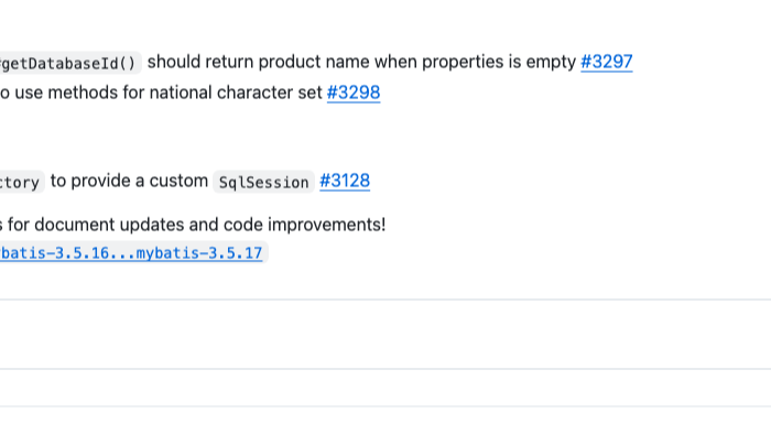 MyBatis 3.5.17 官方发布页截图,显示 2024-11-26 发布时间、VendorDatabaseIdProvider 与 NClobTypeHandler 修复,以及自定义 SqlSession 扩展项