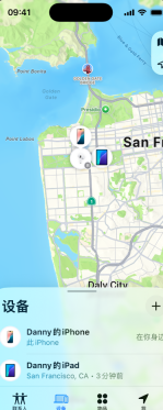 iPhone 查找App的设备页面显示设备列表和地图位置,当前步骤是确认这台手机已经能在查找中正常显示和定位