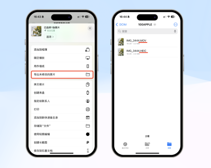 照片共享菜单已经显示导出未修改的原片入口并且文件App中已经看到外置存储设备里的原始文件,当前步骤是把ProRAW照片按原片方式导出到外部位置