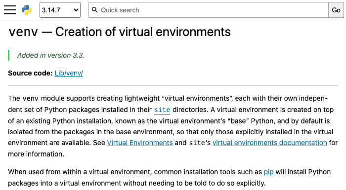Python venv 官方页面截图，来源为Python 3.14 官方 venv 文档，用于证明Python venv 文档继续明确轻量虚拟环境边界相关事实
