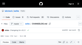 Echo框架官方页面截图,来源为Echo 官方 Changelog,用于证明Echo 5.3.1 发布:修复 Static 404 与 Group 覆盖相关事实